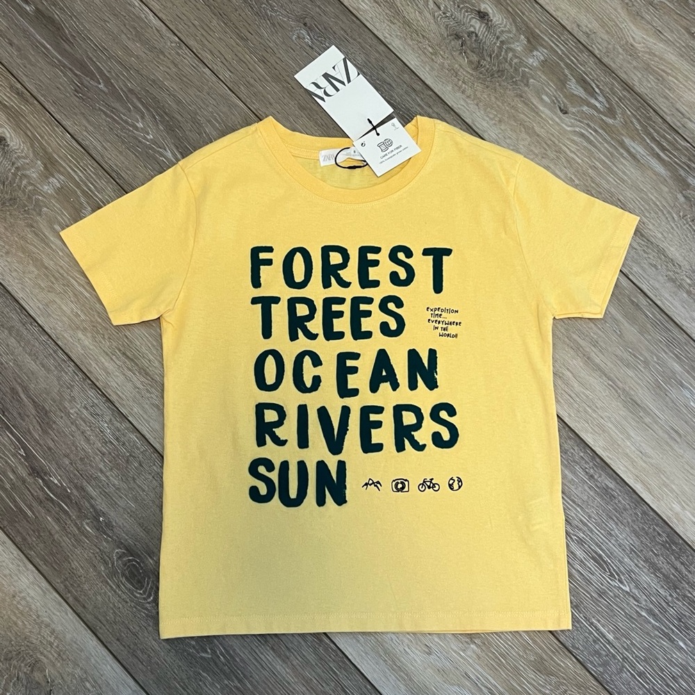 Kids Yellow Graphic Tee - Forest Trees Ocean Rivers Sun kids size 6